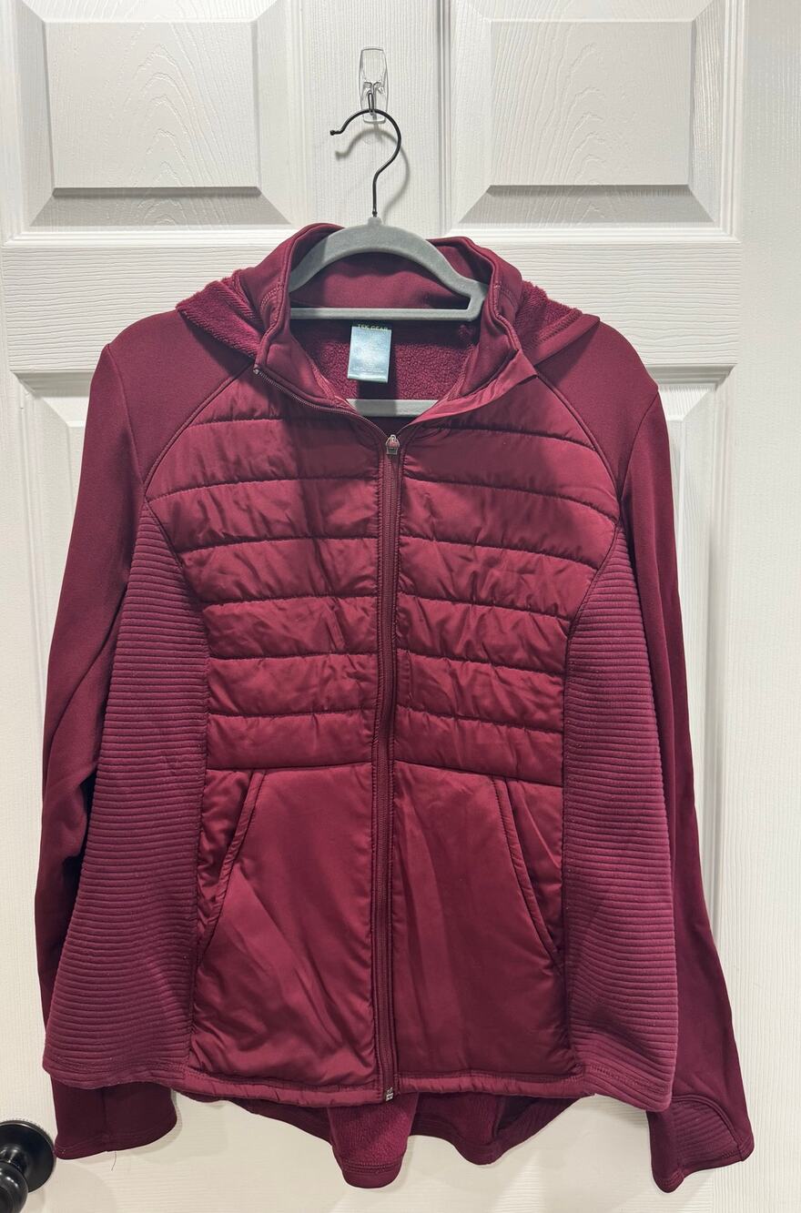 Tek Gear Long Sleeve Coat Jacket Burgundy 1X Plus Full Zip Hood Thumb Cuff
